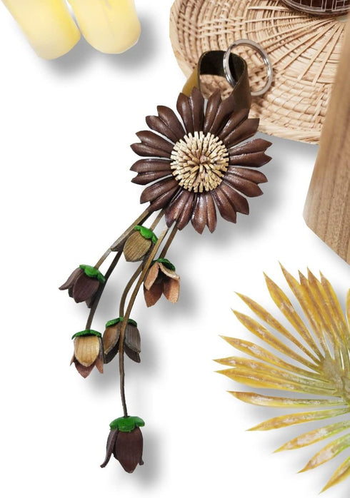 Flower Keychain Purse Tassels Charms Women Handbags Designer Bag Accessories Keyring Decor Sunflower Key Ring 8'' Long (Brown)...