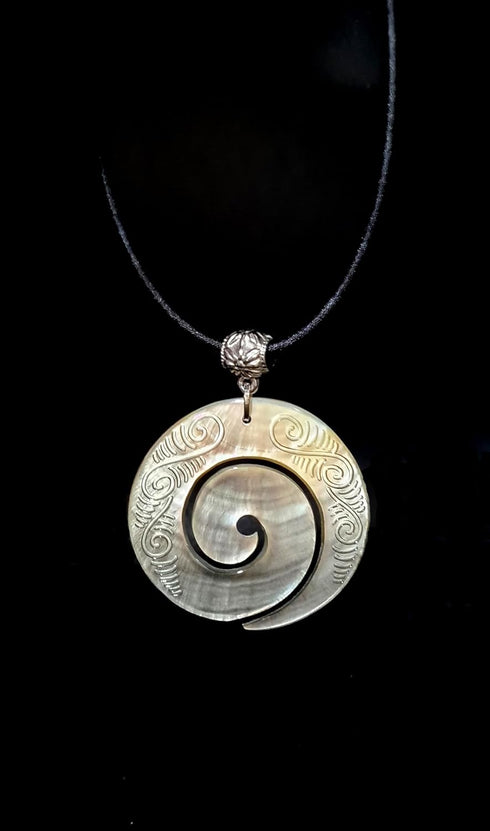 Hand Carved Maori Mother of Pearl Shell Koru Peace Pendant 16 to 27 inches Adjustable Cord necklace Handmade Jewelry CA239-N...