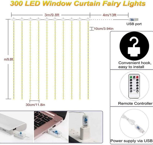 Curtain Lights, String Lights Bedroom, 300 LED 9.8x9.8Ft Twinkle String Light Decorations for Window Wedding Bedroom Wall Party Backdrop, Cute Hom...