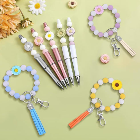 MARCHROSE 222pcs Keychain Making Kit,200pcs 12mm Silicone Beads Bulk 10pcs 20mm Flower Beads with 12pcs Accessories?Focal Beads for DIY Keychain K...