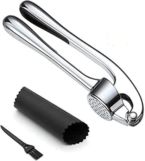 Garlic Press, Stainless Steel Garlic Press Tool with Cleaning Brush and Silicone Garlic Peeler 3 Pcs By Lechay...