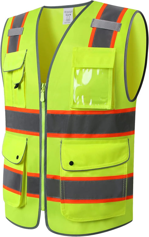 Safety Vest with 9 Pockets Class 2 High Visibility Reflective Vest for Women Men Security Work Wear Meets ANSI/ISEA Standards (KZD-Yellow, 2XL)...