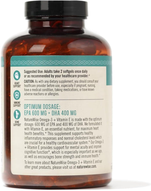 NatureWise Extra-Strength Omega 3 Fish Oil Supplement - 1000mg per Serving - 600 EPA & 400 DHA and Vitamin E - Support for Heart & Brain Health - ...
