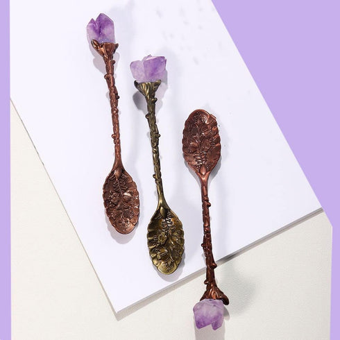 2pcs Retro Crystal Antique Spoon Coffee Spoon Tea Spoon,Amethyst Crystal Alloy Spoons,Mini Ice Cream Decorative Spoons, for Home Office...