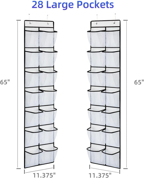 KEEPJOY Over The Door Shoe Organizer, Hanging Shoe Organizer with 4 Hooks, Shoe Holder with 14 Mesh Pockets Closet Door Shoe Storage Bag (White-2P...