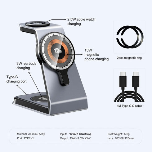 3 in 1 Magnetic Wireless Charging Station 18W Max for Apple iPhone/iWatch/Airpods,iPhone15,14,13,12,11 (Pro,Pro Max)/XS/XR/XS, iWatch9/8/Ultra2/1/...