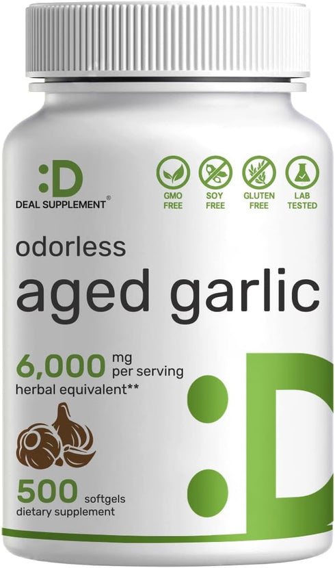 DEAL SUPPLEMENT Odorless Aged Garlic Pills, 6,000mg Per Serving, 500 Softgels – 24:1 Garlic Oil Extract – Fresh Allium Sativum Bulb Source – Heart...