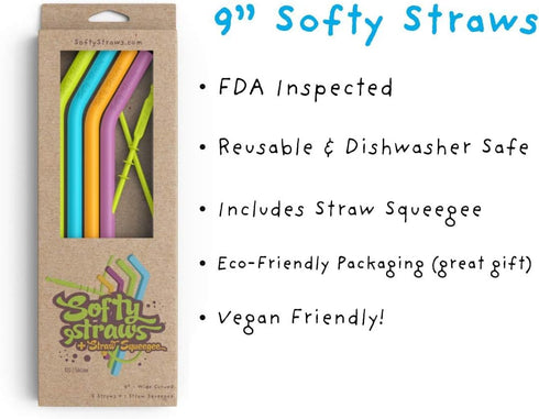 Wide Premium Reusable Silicone Drinking Straws + Patented Straw Squeegee - 9” Long With Curved Bend for 20 30 32 oz Tumblers Non Rubber, Flexible,...