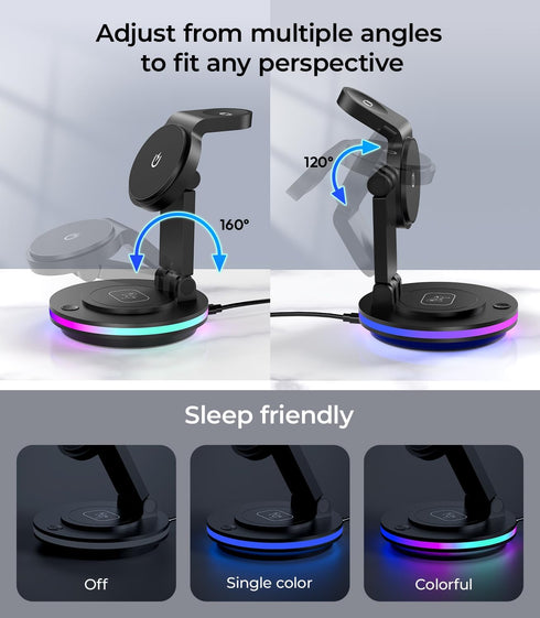 Facbiny 3 in 1 Wireless Charging Station for Multiple Devices, Rotatable & Foldable Magsafe Charger Stand with Night Light & 20W Adapter for iPhon...