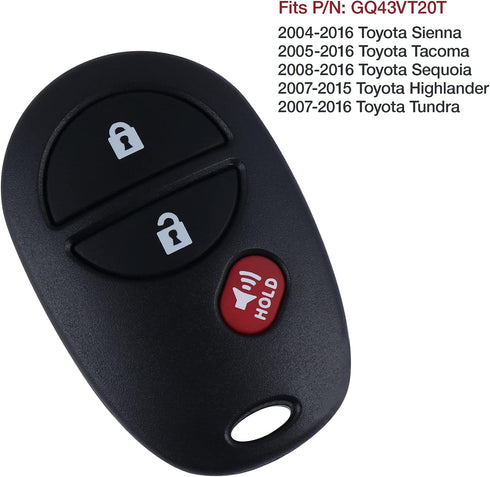 Car Keyless Entry Remote Key Fob fit 2007-2016 Toyota Tundra/2005-2016 Toyota Sienna/Sequoia/Tacoma (GQ43VT20T,315Mhz 3 Btn) 1 Pack...