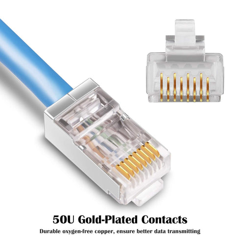iGreely Shielded Cat6 RJ45 Connectors 50 Pack Gold Plated RJ45 Cat6/Cat5E/Cat5 8P8C 50 Micron 50u 3 Prong FTP STP Ethernet Cable Crimp Modular Plu...