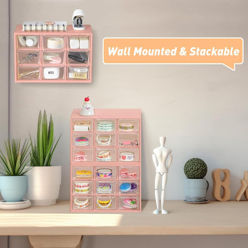 Mini Desk Organizer Drawer, 9 Removable Plastic Art Craft Organizers with Stickers, Cute Desktop Storage Organizer for DIY Crafts, Art Supply, Off...