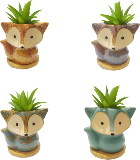 Cute 4.3 Inches Cartoon Fox Shaped Ceramic Indoor Succulent Cactus Vase Flower Plant Pots with Bamboo Tray for Home Garden Office Desktop Decorati...