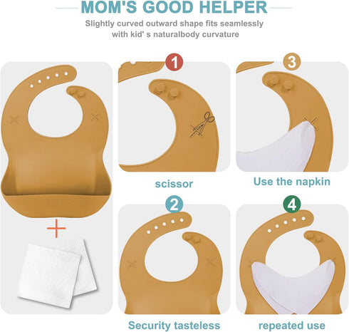 Silicone Baby Bib with 2 Holes for Paper Towel, Adjustable Fit Waterproof Soft Bibs for Babies & Toddlers...