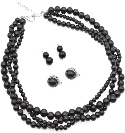 Pearl Layered Choker Necklace Set 3 Layer Bead Necklaces Non Pierced Clip On Earrings (Black)...