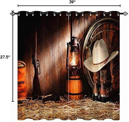 ANHOPE Western Curtains, American West Wooden Barn Rustic Vintage Rodeo Theme Straw Cowboy Hat with Authentic Leather Boots Pattern Grommet Window...