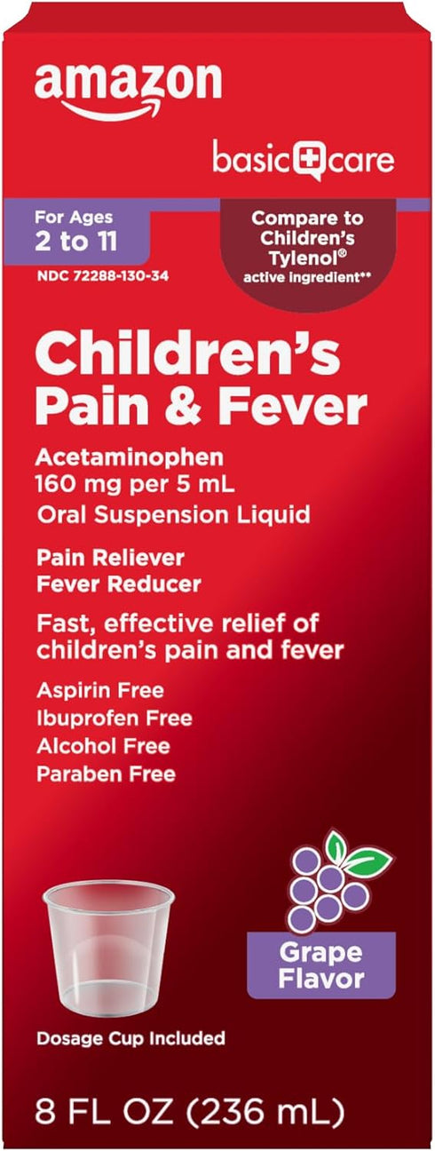 Amazon Basic Care Children's Pain and Fever, Acetaminophen 160 mg per 5 mL Oral Suspension, Grape Flavor, 8 fl oz...