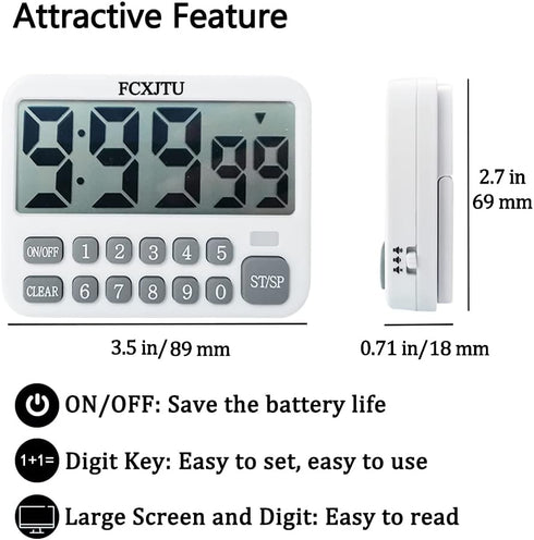 FCXJTU Digital Kitchen Timer, Large Display Countdown/Up Timer with Digits Directly Input, Fast Setting, Loud Alarm, ON/Off, Magnetic Back Stand f...