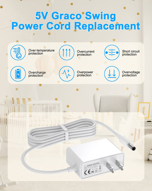 5V for Graco Swing Replacement Power Cord, Only Compatible with Graco Baby Simple Sway Swing, Glider LX, Elite, Premier, Petite LX, DuoGlider, Swe...