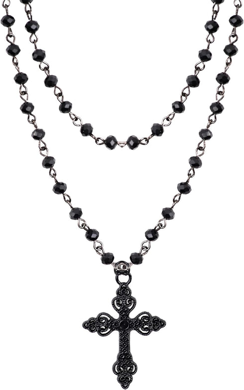 Sacina Gothic Layered Cross Necklace, Zinc Alloy Black Bead Cross Choker Necklace, Halloween Goth Jewelry Gift for Women (Layered Bead Cross)...