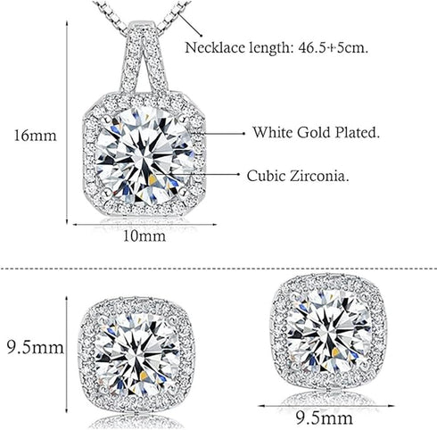 Hadskiss Silver Cubic Zirconia Earrings and Pendant Necklace Link Bracelet Set for Women 14K White Gold Plated Square Wedding Jewelry Sets for Bri...