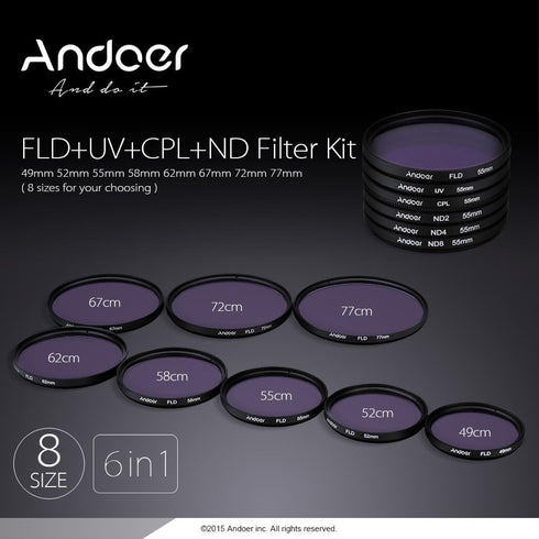 Andoer 55mm UV+CPL+FLD+ND(ND2 ND4 ND8) Filter Kit Ultraviolet Circular-Polarizing Fluorescent Neutral Density Filter for Nikon Canon Sony Pentax D...