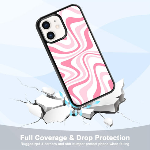 Cute Trendy Aesthetic Pink Water Ripple Wave Pattern Black Phone Case for iPhone 12 Mini Case for Kids Girls Teen Girls Women - 5.4 Inch...
