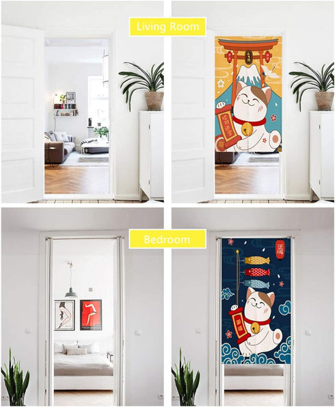 Japanese Noren Doorway Curtain Tapestry Maneki Neko Lucky Cat Door Curtain Ukiyoe Wave Room Divider Home Decoration, 33 x 35 inches...