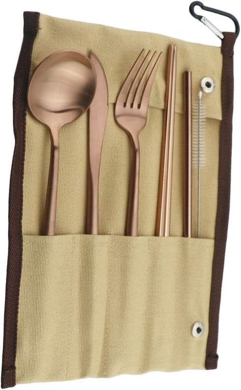 Reusable Travel Utensils, 7 Piece Portable 304 Stainless Steel including Knife Fork Spoon Chopsticks Cleaning Brush Straws Portable Pouch, Eco-fri...