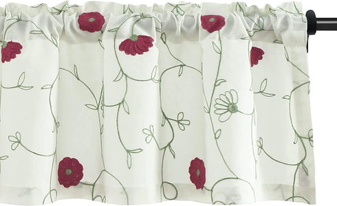 VOGOL White Valances for Small Windows Flowers Embroidered Window Valances for Kitchen Living Room, Rod Pocket, 52 x 18 Inches, Red Flowers, One P...