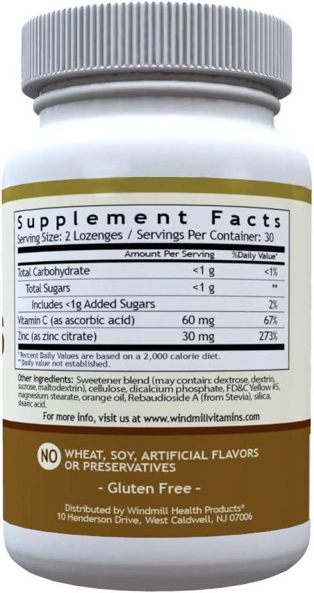 Windmill Health Natural Vitamins Zinc Lozenges with Vitamin C Honey Lemon Flavor, Immune System Support, Provides Antioxidant Support, Delicious &...