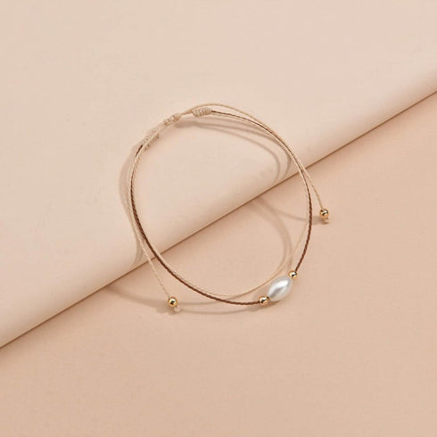 Bohemian Layered Pearl Anklet for Women Oval Pearl Ankle Bracelets Brown Woven Rope Anklets Chain Bracelet Gold Bead Anklets Summer Beach Anklet F...