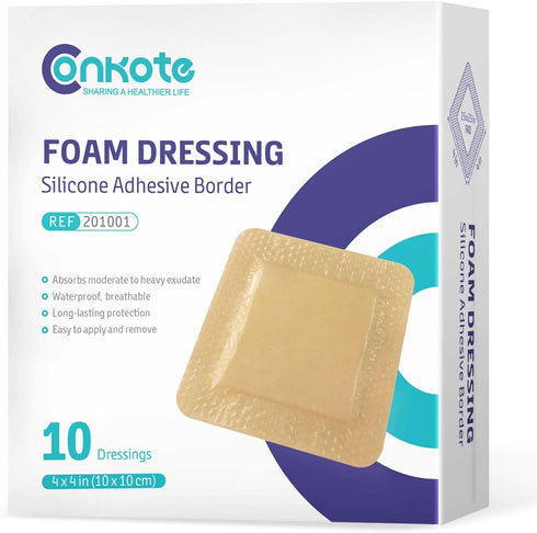 Conkote Silicone Adhesive Foam Dressings 4'' X 4'', Waterproof Bandages for Wound Care, Box of 10 Dressings...