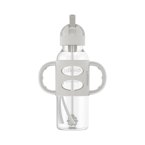 Dr. Brown's Milestones Narrow Sippy Straw Bottle, Spill-Proof with 100% Silicone Handles and Weighted Straw, 8 oz/250 mL, Gray & Pink, 6m+...