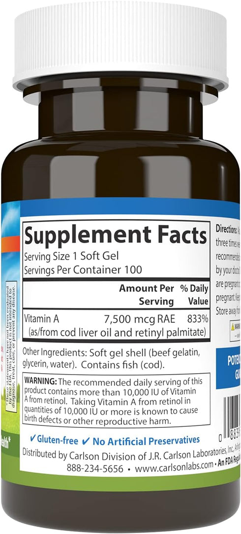 Carlson - Vitamin A, 25000 IU (7500 mcg RAE), Vision & Skin Health, Immune Function, 100 soft gels...
