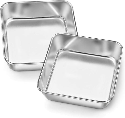 P&P CHEF 6 Inch Square Cake Baking Pans (2 Pcs), Stainless Steel Lasagna Brownie Pan For Small Birthday Cake Bread Pie, Leakproof & Brushed Surfac...