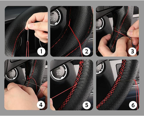 Car Stitch Steering Wheel Cover,Leather Steering Wheel Wrap with Needle and Thread,Anti Slip DIY Kit Steering Wheel Cover Men & Women for Car Inte...