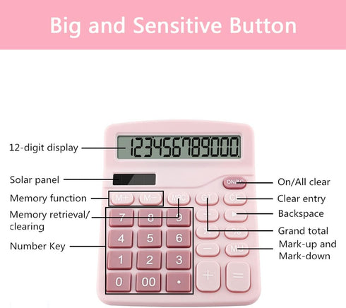 Office Calculators Desktop, 12-Digit Dual Power Cute Calculator with Large LCD Display Big Button for Office Home and School (Pink)...