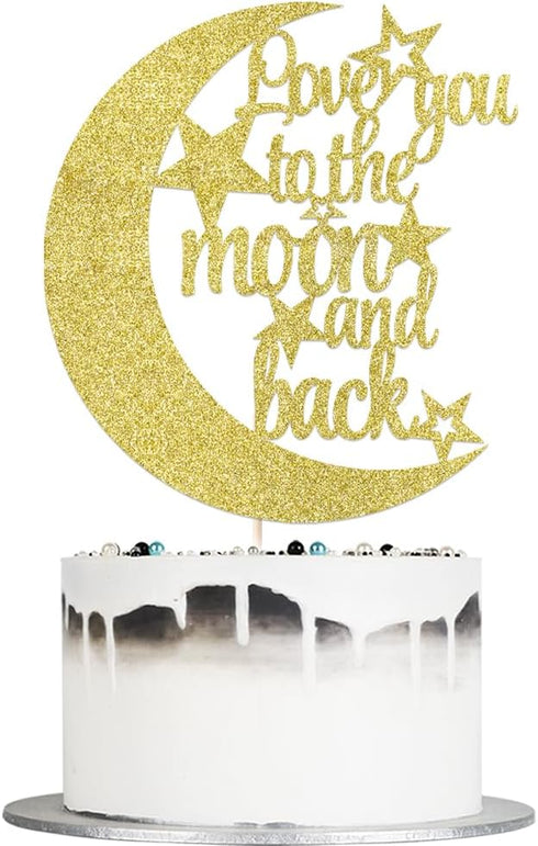 Love You To The Moon and Back Cake Topper - Gold Glitter Cake Decoration for Wedding Party...