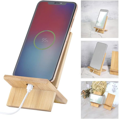 Bamboo Cell Phone Stand with Charging Hole, Detachable Wood Mobile Phone Holder for Desk Tablet Stand Wooden Desktop Dock Cradle for iPhone iPad S...