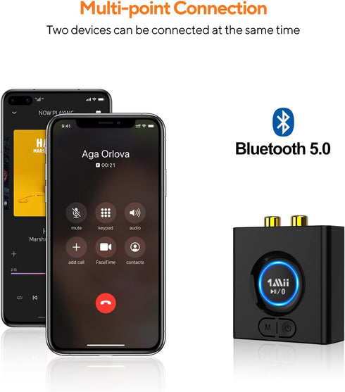1Mii Bluetooth 5.0 Audio Receiver, Wireless Audio Adapter for Home Stereo Music Streaming System with 3.5 mm RCA, Bass Mode, 12hrs Playtime(Upgrad...