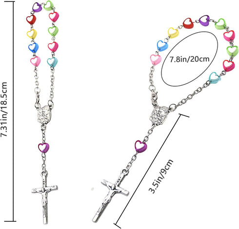 2 Pieces Car Rosary Chroma Love Heart Rearview Mirror Auto Rosary Religious Car Mirror Hanging Accessories Lourdes Med al and Cross for Car Person...
