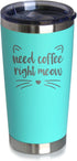 Bevvee Need Coffee Right Meow - Insulated Coffee Tumbler Cup with Sliding Lid - Stainless Steel Insulated Mug - Cat Themed Coffee Gifts - Teal...
