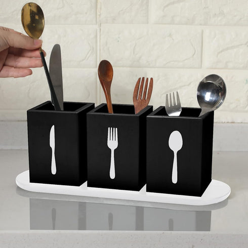Kathfly 4 Pcs Silverware Caddy Utensil Holder for Countertop Silverware Organizer with Wood Tray Spoon Fork Holder for Kitchen Parties(Black)...