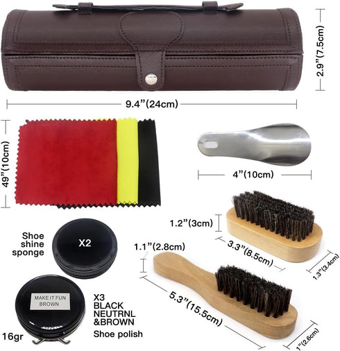 Shoe Shine Kit with PU Leather Sleek Elegant Case, Travel Shoe Shine Brush kit 12-Piece...