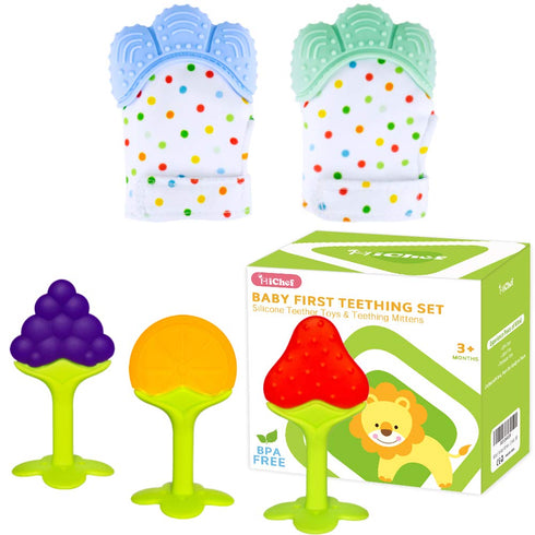 Teething Mittens for Baby (2 Pack) with Baby Teething Toys (3 Pack), Self Soothing Pain Relief Mitt, Silicone Baby Teethers, BPA-Free, Natural Org...