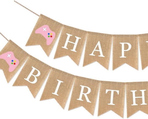 Video Game Birthday Decorations for Girls Kids and Adults, Pink Game Controller Happy Birthday Burlap Banner,Game Zone Gamer Themed Birthday Sign ...