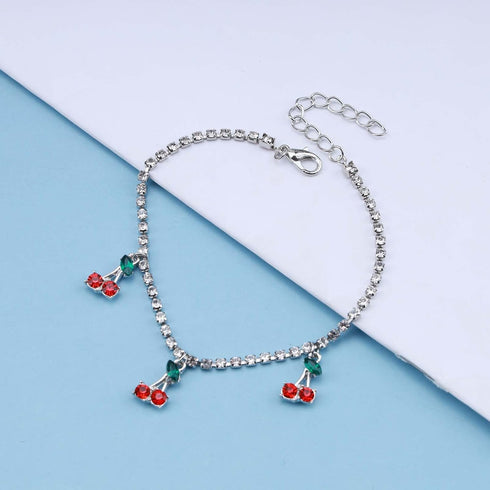 Bohemian Cherry Anklets Cubic Rhinestone Dangle Ankle Bracelets Silver Tassel Fruit Anklet Sparkle Tennis Chain Anklets Foot Jewelry for Women...