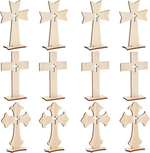 Bright Creations Wooden Crosses for Crafts - 12-Pack, 3 Sizes & Light Brown Unfinished Wood - DIY Blank Crosses with Stands - for Baptism Favors &...