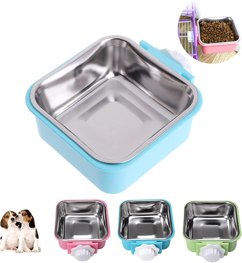 Love Dream Crate Dog Cat Bowls, Removable Stainless Steel Hanging Pet Cage Bowls Kennel, Food Water Feeder Bowls with Bolt Holder for Puppy Cat Ra...